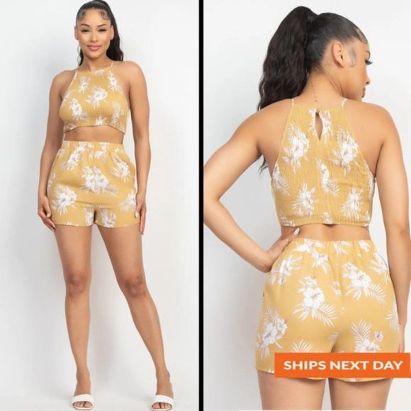 Floral Smocked Halter Crop Top and Shorts Set - Vacation Apparel - Summer Set - Picture 1 of 6